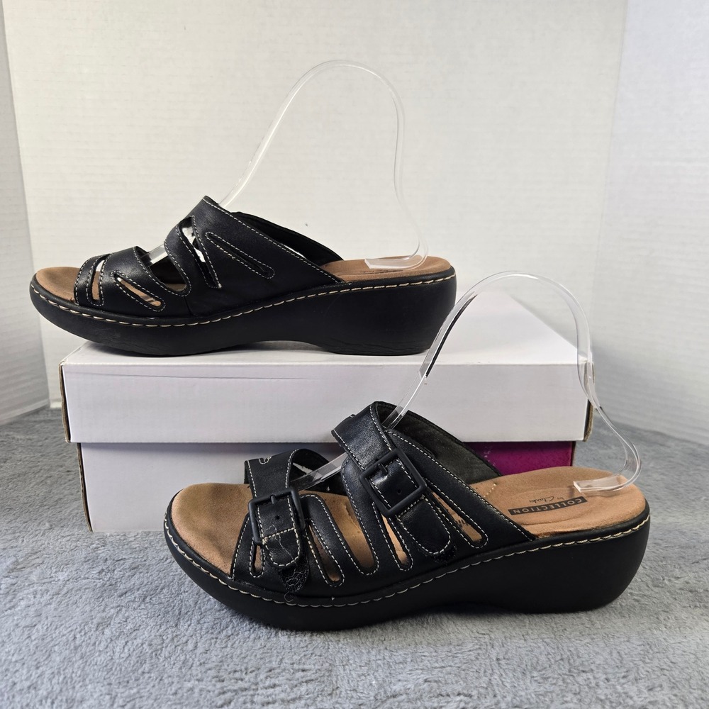 Clarks Leisa Vine Black Leather Strappy Wedge Slide Sandals Womens 8.5M